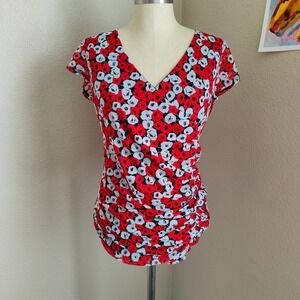Vintage Y2K New York & Company Mesh Top Red Floral Ruched Faux Wrap Lrg Stretch